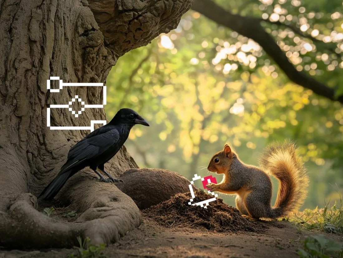 A crow and a squirrel on a branch