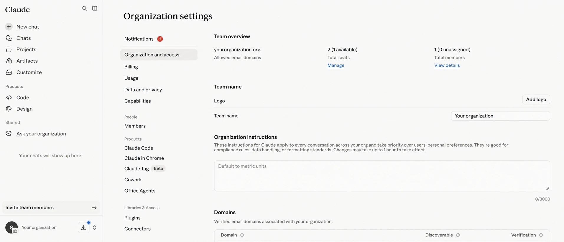 Claude Team organization settings page showing access, billing, capabilities, products, connectors, skills, and organization instructions