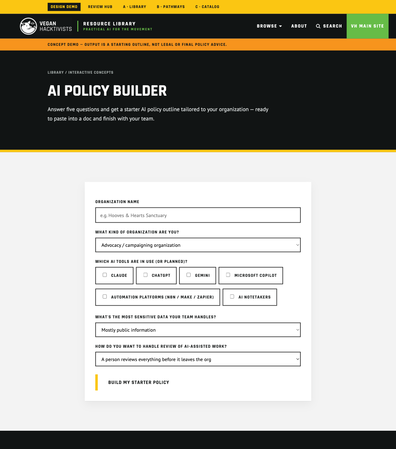 The AI Policy Builder: a form asking about organization type, tools in use, data sensitivity, and review posture